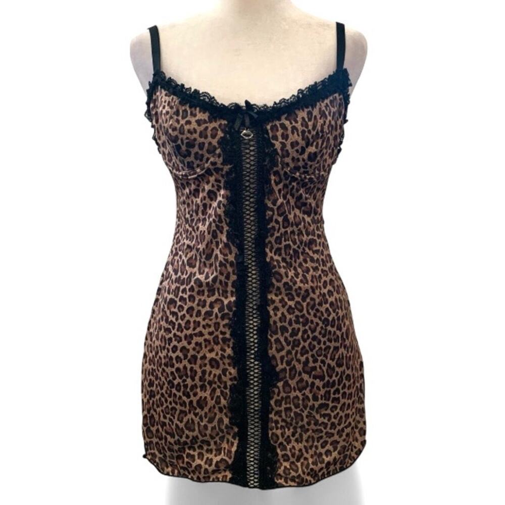 Y2K Coquette Leopard Cheetah Print Slip Dress Brown Black Size S